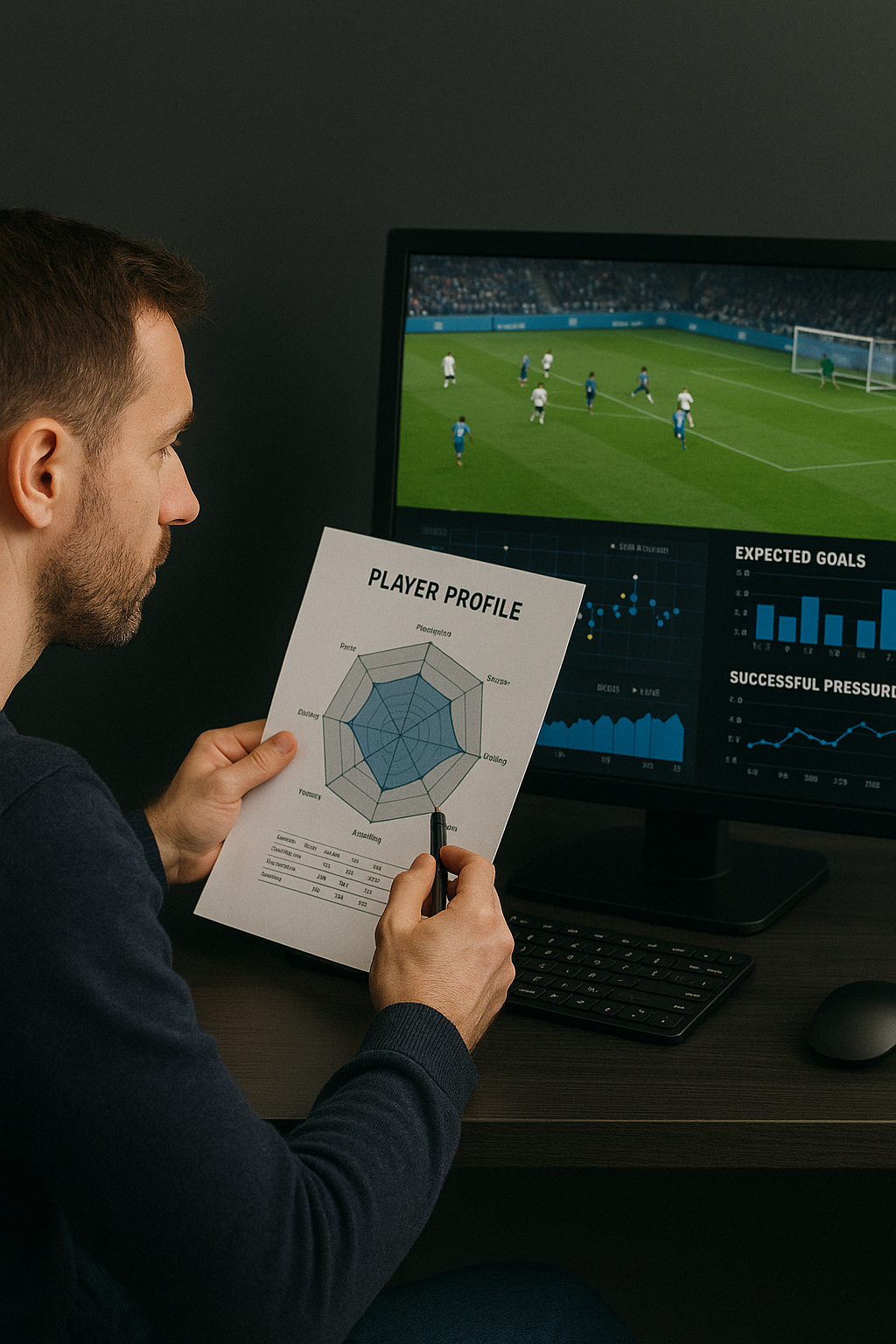 ChatGPT Image 22 avr. 2025, 11_15_30 Analyste football examinant un profil joueur avec radar chart et données statistiques (expected goals, passes progressives) sur écran, illustrant l'utilisation combinée de l’analyse vidéo et de la data football dans le scouting professionnel.